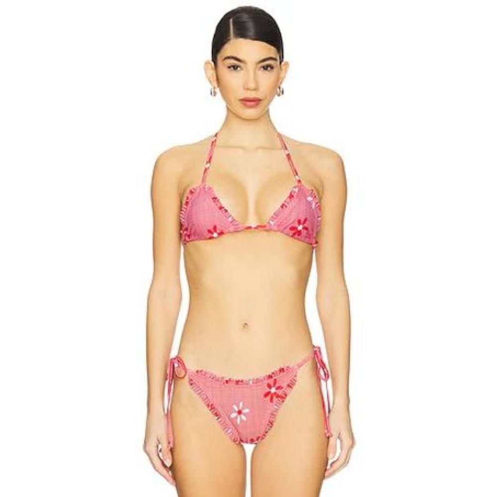 $54 NWT More To Come Lolita Bikini Top Small Red Gingham Floral Ruffle Triangle